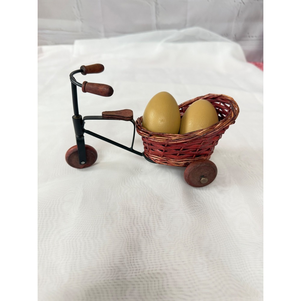Vintage Style Miniature Tricycle Metal Wood Wicker Basket Decorative Figurine